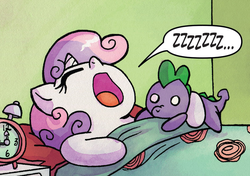 Size: 809x571 | Tagged: safe, idw, spike, sweetie belle, g4, sleeping, spike plushie, zzz