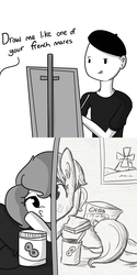Size: 1584x3168 | Tagged: dead source, safe, artist:tjpones, oc, oc only, oc:brownie bun, oc:richard, earth pony, human, pony, horse wife, beret, chips, comic, dialogue, draw me like one of your french girls, drawing, duckface, ear fluff, female, food, grayscale, human male, male, mare, monochrome, peanut butter, pose, tongue out