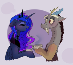 Size: 1649x1448 | Tagged: safe, artist:elementalokami, discord, princess luna, g4, blushing, crown, cup, eyeshadow, floppy ears, hoof hold, jewelry, makeup, male, peytral, regalia, ship:lunacord, shipping, straight