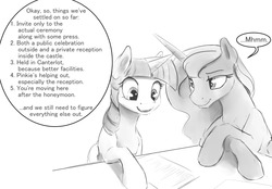 Size: 1280x890 | Tagged: safe, artist:silfoe, princess luna, twilight sparkle, alicorn, pony, royal sketchbook, g4, female, grayscale, lesbian, mare, marriage, monochrome, ship:twiluna, shipping, twilight sparkle (alicorn), wedding, wedding planner