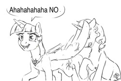 Size: 1280x853 | Tagged: safe, artist:silfoe, twilight sparkle, oc, alicorn, pony, other royal book, g4, black and white, dialogue, grayscale, implied twiluna, monochrome, rejection, shipping denied, simple background, speech bubble, twilight sparkle (alicorn), white background