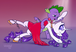 Size: 1978x1352 | Tagged: safe, artist:dubstepina, rarity, spike, g4, bowtie, clothes, dancing, dipping, dress, duo, high heels, male, red dress, ship:sparity, shipping, straight
