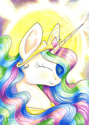 Size: 2457x3452 | Tagged: safe, artist:lunar-white-wolf, princess celestia, g4, eyes closed, female, high res, magic, solo, sun, traditional art