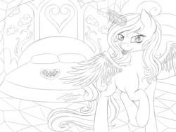 Size: 1024x768 | Tagged: safe, artist:novaintellus, princess cadance, alicorn, pony, g4, bed, chocolate, female, food, magic, monochrome, newbie artist training grounds, raised hoof, solo, spread wings, telekinesis, tongue out