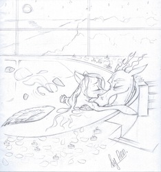 Size: 2023x2160 | Tagged: safe, artist:byannss, discord, fluttershy, pegasus, pony, g4, candle, female, high res, male, mare, monochrome, rose petals, ship:discoshy, shipping, straight, traditional art, water, wet mane