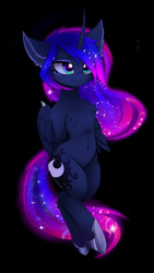 Size: 1080x1920 | Tagged: safe, artist:magnaluna, princess luna, semi-anthro, g4, bat wings, belly button, chest fluff, curved horn, female, horn, on back, solo