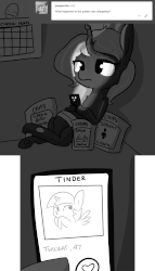 Size: 1280x2230 | Tagged: safe, artist:tjpones, scootaloo, spoiled rich, starlight glimmer, twilight sparkle, oc, oc:chips, alicorn, changeling, changeling queen, pony, horse wife, g4, animated, changeling queen oc, chips, female, food, gif, monochrome, phone, smartphone, soylent green, tinder, twilight sparkle (alicorn)