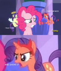 Size: 802x931 | Tagged: safe, edit, edited screencap, screencap, pinkie pie, rarity, pony, g4, the saddle row review, angel rarity, caption, comic sans, devil rarity, implied anal insertion, implied insertion, implied rock, need to pee, pokémon, pokémon the bridged series, potty time, tenso