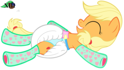 Size: 1988x1125 | Tagged: safe, artist:mlpcutepic, edit, applejack, earth pony, pony, buckball season, g4, bellyrubs, clothes, cute, diaper, diaper edit, female, happy, hatless, jackabetes, missing accessory, non-baby in diaper, on back, poofy diaper, simple background, socks, solo