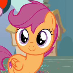 Size: 511x511 | Tagged: safe, screencap, scootaloo, sweetie belle, pegasus, pony, unicorn, g4, the fault in our cutie marks, animated, cute, cutealoo, cutie mark, eyes closed, female, filly, foal, folded wings, gif, grin, happy, smiling, the cmc's cutie marks, wings