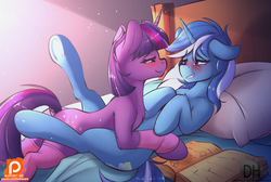 Size: 1710x1150 | Tagged: safe, artist:sugarlesspaints, minuette, twilight sparkle, pony, unicorn, g4, blushing, clothes, duo, duo female, female, hug, leg warmers, lesbian, looking at each other, mare, patreon, patreon logo, ship:twinuette, stockings, strategically covered, underhoof, unicorn twilight