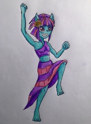 Size: 2079x2837 | Tagged: safe, artist:bozzerkazooers, sunny flare, equestria girls, g4, armpits, barefoot, eqg giants, feet, grin, high res, ponied up, smiling, traditional art