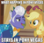 Size: 949x907 | Tagged: safe, edit, edited screencap, screencap, applejack, gladmane, earth pony, pony, g4, viva las pegasus, caption, clothes, female, image macro, male, mare, meme, stallion