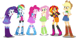 Size: 18931x9629 | Tagged: safe, artist:twls7551, applejack, fluttershy, pinkie pie, rainbow dash, rarity, sunset shimmer, equestria girls, g4, my little pony equestria girls: rainbow rocks, absurd resolution, apple, boots, clothes, compression shorts, cowboy boots, cowboy hat, cute, denim skirt, eyes closed, fist, freckles, happy, hat, high heel boots, humane five, jacket, leather jacket, open mouth, simple background, skirt, smiling, socks, stetson, transparent background, vector, wristband