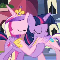 Size: 502x502 | Tagged: safe, screencap, princess cadance, twilight sparkle, alicorn, pony, g4, the times they are a changeling, animated, duo, eyes closed, female, gif, hug, sisters-in-law, snuggling, twilight sparkle (alicorn)