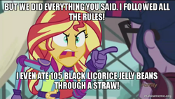 Size: 800x450 | Tagged: safe, edit, edited screencap, screencap, sci-twi, sunset shimmer, twilight sparkle, equestria girls, g4, my little pony equestria girls: friendship games, caption, comedy routine in the comments, image macro, imitation krabs, makeameme.org, meme, plankton, spongebob episode in the comments, spongebob squarepants, sunset yells at twilight
