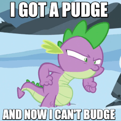 Size: 506x506 | Tagged: safe, edit, edited screencap, screencap, spike, fall weather friends, g4, the times they are a changeling, animated, belly, callback, caption, gif, male, snow, solo, stuck
