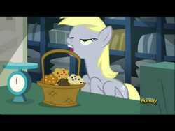 Size: 480x360 | Tagged: safe, screencap, derpy hooves, pegasus, pony, g4, season 5, slice of life (episode), basket, faic, female, food, letterboxing, mare, muffin, solo
