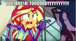 Size: 1280x687 | Tagged: safe, edit, edited screencap, screencap, sci-twi, sunset shimmer, twilight sparkle, equestria girls, g4, my little pony equestria girls: friendship games, caption, image macro, leaning on the fourth wall, meme, sunset yells at twilight, toy story
