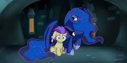 Size: 2884x1435 | Tagged: safe, artist:pridark, princess luna, oc, bat pony, pony, g4, canterlot, comforting, commission, cute, hug, night, raised hoof, sad, sitting, winghug