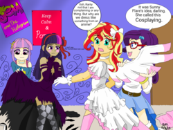 Size: 1024x768 | Tagged: safe, artist:fallenangel5414, rarity, sci-twi, sunny flare, sunset shimmer, twilight sparkle, equestria girls, g4, my little pony equestria girls: friendship games, alternate clothes, clothes, cosplay, costume, dress, female, glasses, homura akemi, human coloration, jem and the holograms, lesbian, madoka kaname, puella magi madoka magica, rarity's glasses, ship:sci-twishimmer, ship:sunsetsparkle, shipping, socks, thigh highs, thigh socks