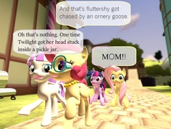 Size: 1400x1050 | Tagged: safe, artist:soad24k, fluttershy, posey shy, twilight sparkle, twilight velvet, alicorn, pony, g4, 3d, embarrassed, female, gmod, mother and daughter, speech bubble, twilight sparkle (alicorn)