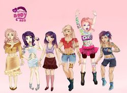 Size: 720x527 | Tagged: safe, artist:klalaskaxd, applejack, fluttershy, pinkie pie, rainbow dash, rarity, twilight sparkle, human, g4, belly button, belly piercing, bellyring, clothes, humanized, mane six, midriff, piercing, sports bra, tattoo