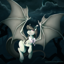 Size: 900x902 | Tagged: dead source, safe, artist:egophiliac, octavia melody, bat pony, pony, g4, female, flying, majestic, night, race swap, solo