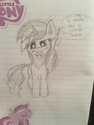 Size: 4032x3024 | Tagged: safe, artist:rainbowtashie, sweet biscuit, g4, adorabiscuit, best pony, cookie, cookie cutter, cute, female, food, lined paper, mouth hold, pencil drawing, scribbles, sketch, solo, thought bubble, traditional art, waifu