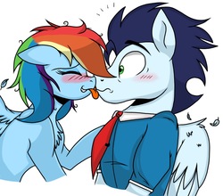 Size: 1647x1447 | Tagged: safe, artist:pimpartist101, rainbow dash, soarin', pegasus, pony, g4, blushing, clothes, face licking, floppy ears, licking, male, necktie, ship:soarindash, shipping, straight, surprise lick, surprised, tongue out
