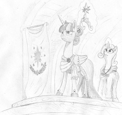 Size: 1000x945 | Tagged: safe, artist:t72b, twilight sparkle, alicorn, pony, g4, alternate hairstyle, banner, clothes, coronation, coronation dress, crown, dress, jewelry, monochrome, newbie artist training grounds, regalia, throne room, traditional art, twilight sparkle (alicorn)