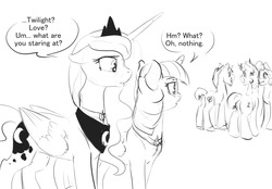 Size: 1280x890 | Tagged: safe, artist:silfoe, princess luna, twilight sparkle, alicorn, pony, other royal book, g4, background pony, black and white, dialogue, female, grayscale, jewelry, lesbian, mare, monochrome, necklace, ship:twiluna, shipping, simple background, speech bubble, twilight sparkle (alicorn), white background