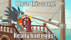 Size: 1440x810 | Tagged: safe, edit, edited screencap, editor:scrounge, screencap, gabby, griffon, g4, the fault in our cutie marks, caption, gabby's shanty, image macro, meme, pirates of the caribbean