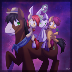 Size: 900x900 | Tagged: safe, artist:fj-c, apple bloom, scootaloo, sweetie belle, trouble shoes, earth pony, pegasus, pony, unicorn, appleoosa's most wanted, g4, apple bloom riding trouble shoes, bow, bunny ears, clothes, clover, costume, cute, cutie mark crusaders, female, filly, four leaf clover, glowing, glowing horn, good luck charms, hair bow, hat, horn, lucky cat, magic, magic aura, male, ponies riding ponies, raised hoof, riding, scootaloo riding trouble shoes, smiling, stallion, sweetie belle riding trouble shoes, telekinesis, troublebetes, unshorn fetlocks