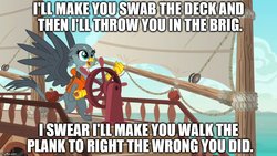 Size: 888x500 | Tagged: safe, edit, edited screencap, screencap, gabby, griffon, g4, the fault in our cutie marks, bipedal, boat, caption, donkey kong country, female, gabby's shanty, lifejacket, meme, ocean, open mouth, smiling, song reference, spread wings, wings