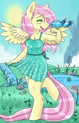 Size: 823x1280 | Tagged: safe, artist:acetrel, fluttershy, bird, bluebird, anthro, unguligrade anthro, g4, armpits, breasts, cleavage, clothes, cute, dress, eyes closed, female, happy, shyabetes