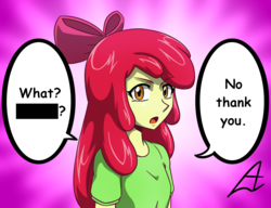 Size: 1300x1000 | Tagged: safe, artist:acesrockz, apple bloom, equestria girls, g4, censored, clothes, denied, dialogue, female, looking at you, no, open mouth, question mark, solo, speech bubble