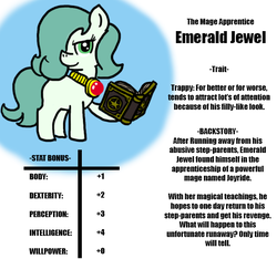 Size: 640x600 | Tagged: safe, artist:ficficponyfic, oc, oc only, oc:emerald jewel, colt quest, book, child, color, colt, confident, cyoa, foal, hair over one eye, male, rules, smiling, solo, spellbook, stars, stats, story included