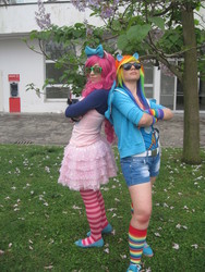 Size: 3000x4000 | Tagged: safe, artist:miraclevivi, artist:yokkishai, pinkie pie, rainbow dash, human, g4, 2013, clothes, comic con, cosplay, costume, irl, irl human, napoli comicon, photo, piccioni, rainbow socks, socks, striped socks, swag