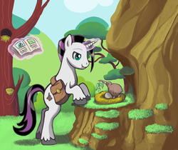 Size: 2953x2480 | Tagged: safe, artist:colourbee, oc, oc only, bird, kiwi, pony, unicorn, book, egg, high res, magic, nest, saddle bag, tree