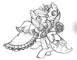 Size: 1200x929 | Tagged: safe, artist:nyuuchandiannepie, applejack, rarity, pony, g4, bridesmaid dress, clothes, dress, female, lesbian, mare, monochrome, ship:rarijack, shipping, sketch