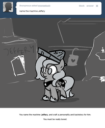 Size: 666x809 | Tagged: safe, artist:egophiliac, princess luna, oc, oc:jeffery, moonstuck, g4, cartographer's cap, female, filly, hat, monochrome, solo, tumblr, woona, younger