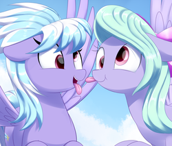 Size: 1280x1092 | Tagged: safe, artist:acersiii, cloudchaser, flitter, pegasus, pony, g4, cloud, derp, duo, nose wrinkle, silly, silly face, silly pony, sky, smiling, tongue out