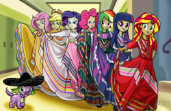 Size: 3620x2348 | Tagged: safe, artist:oinktweetstudios, applejack, fluttershy, pinkie pie, rainbow dash, rarity, spike, sunset shimmer, twilight sparkle, dog, equestria girls, g4, bedroom eyes, canterlot high, cinco de mayo, clothes, cowboy hat, dress, group, hat, high res, human coloration, humane five, humane seven, humane six, looking at you, mexican, open mouth, rainbow dash always dresses in style, signature, sombrero, spike the dog, stetson, tongue out, twilight sparkle (alicorn)