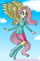 Size: 1500x2300 | Tagged: safe, artist:osipush, fluttershy, human, g4, alternative cutie mark placement, clothes, eared humanization, female, floating, humanized, missing shoes, ponied up, socks, solo, tailed humanization, winged humanization