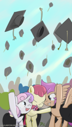 Size: 1120x1960 | Tagged: safe, artist:halflingpony, apple bloom, scootaloo, sweetie belle, earth pony, pony, g4, cutie mark crusaders, graduation, graduation cap, hat