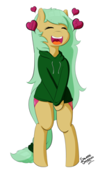 Size: 3001x4881 | Tagged: safe, artist:salamishowdown, oc, oc only, oc:blosssom heart, pony, bipedal, clothes, happy, open mouth, signature, simple background, solo, sweater, transparent background