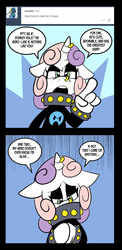 Size: 648x1332 | Tagged: safe, artist:pembroke, sweetie belle, pony, ask meanie belle, g4, abstract background, ask, comic, dialogue, female, horn, horn piercing, meanie belle, nose piercing, nose ring, piercing, sad, solo, suddenly hands, tumblr