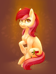 Size: 1713x2259 | Tagged: safe, artist:nightskrill, roseluck, earth pony, pony, g4, commissioner:doom9454, cute, female, fluffy, full body, mare, nervous, raised hoof, sitting, smiling, solo, three quarter view, wingding eyes