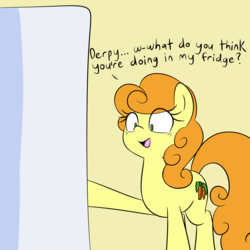 Size: 1280x1280 | Tagged: safe, artist:acersiii, carrot top, golden harvest, earth pony, pony, g4, female, i emptied your fridge, implied derpy, pony in fridge, refrigerator, solo